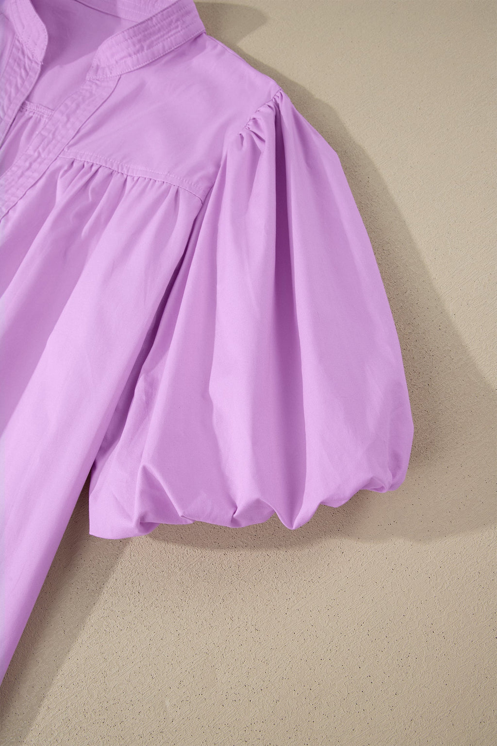 Solid Cotton V-Neck Blouse with Short Puff Sleeves