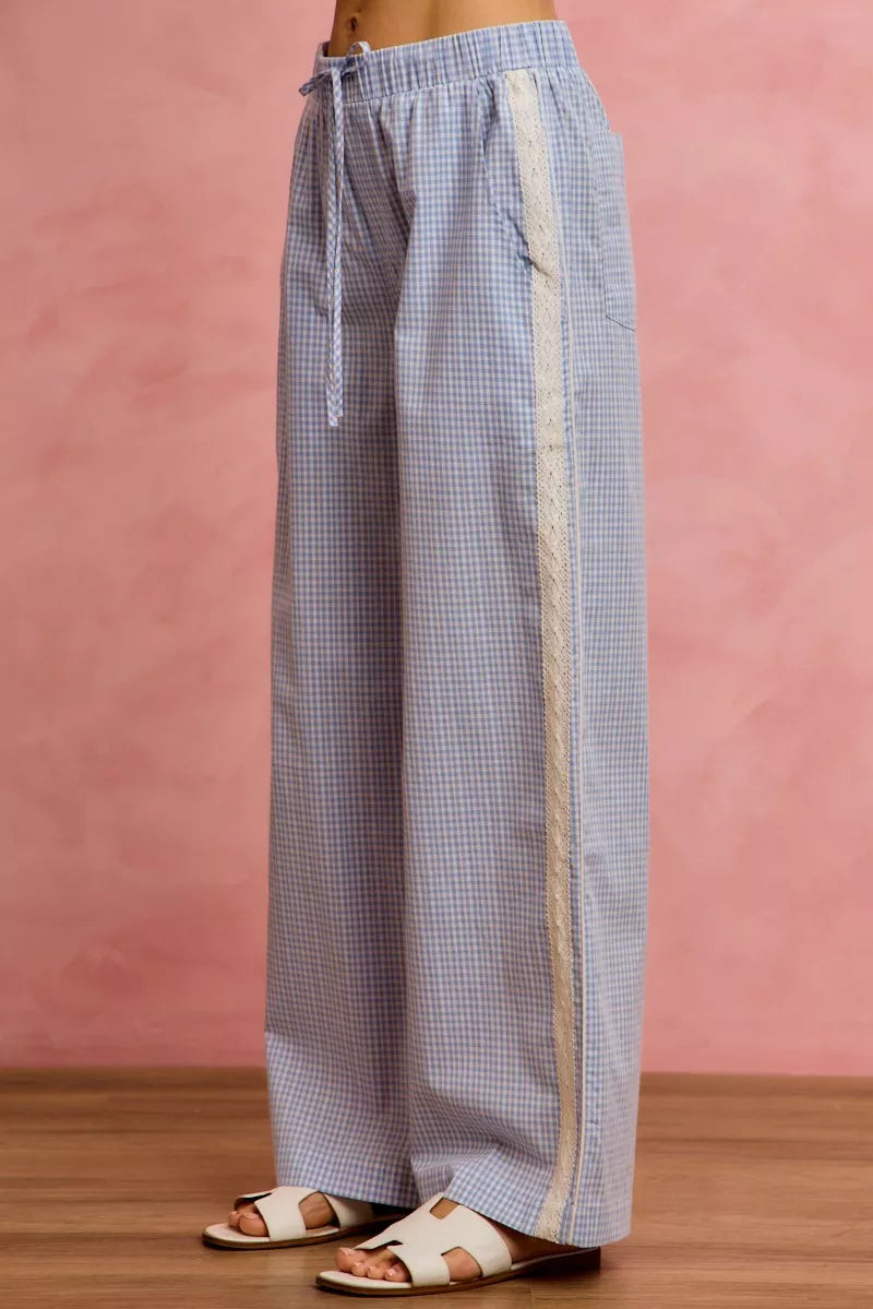Women's Wide Leg Check Pants with Lace Trim in Light Blue White
