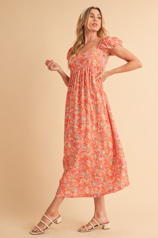 Floral Square Neck Puff Sleeve Midi Dress with Cutout Back