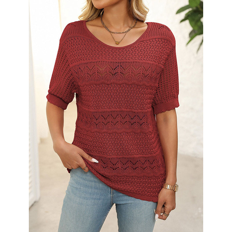 Women’s Short Sleeve Crochet Knit Hollow-Out Crew-Neck Top