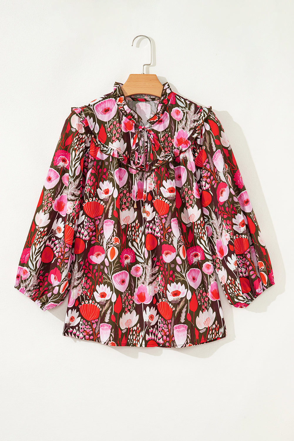 Women's Floral 3/4 Sleeve Lace-Up Neck Blouse