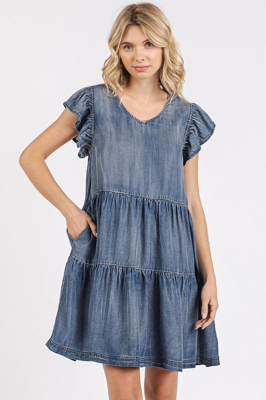 V-neck mini dress with ruffled cap sleeves