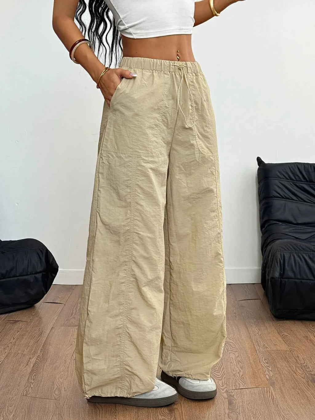 Drawstring Wide Leg Cargo Pants