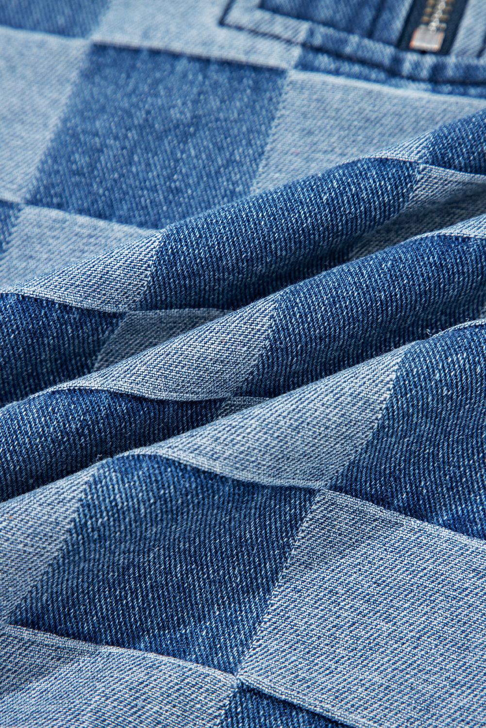 Sky Blue Checkerboard Zipped Collar Denim Hoodie