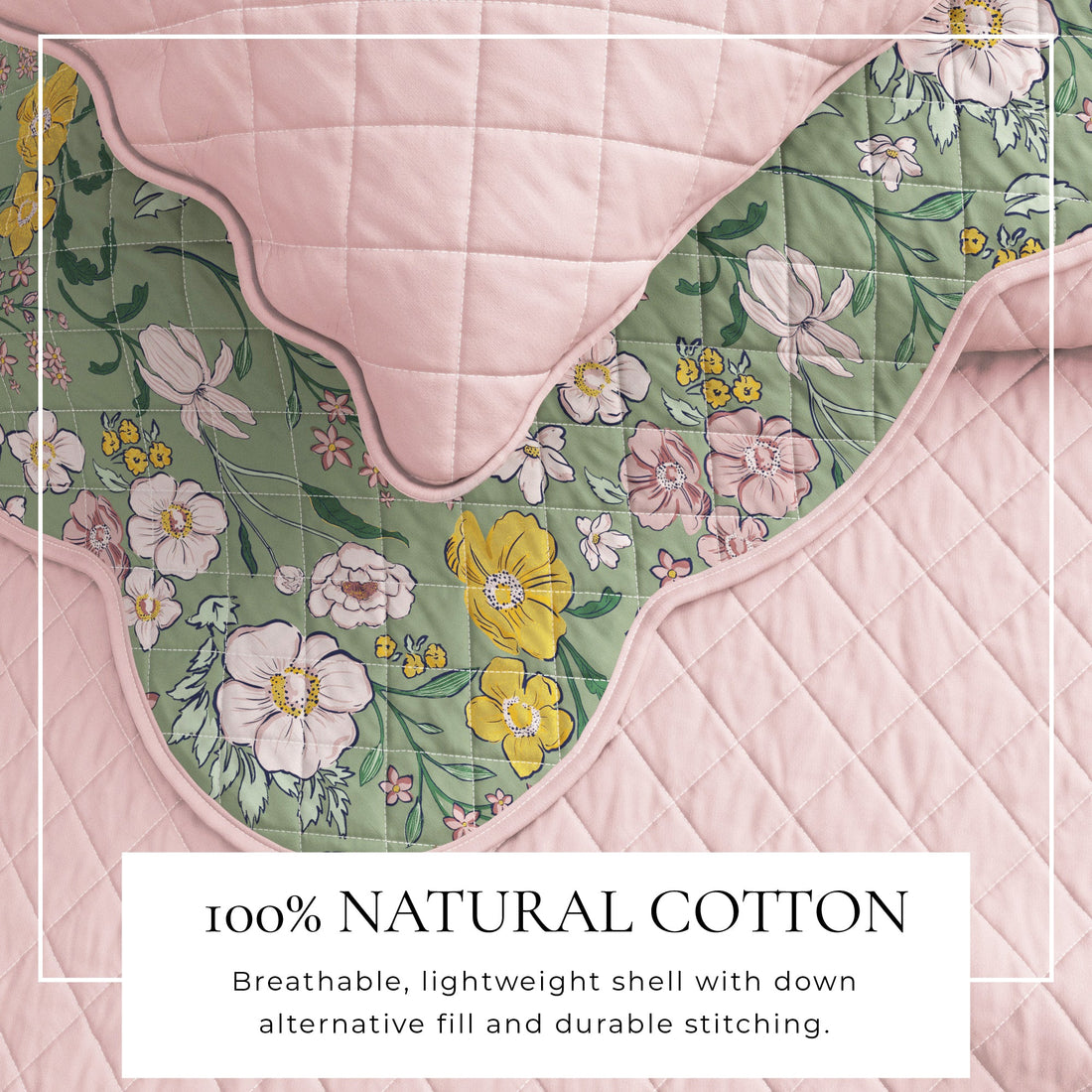 Floral Print Scalloped Edge Reversible Cotton Quilt Set - Image 2