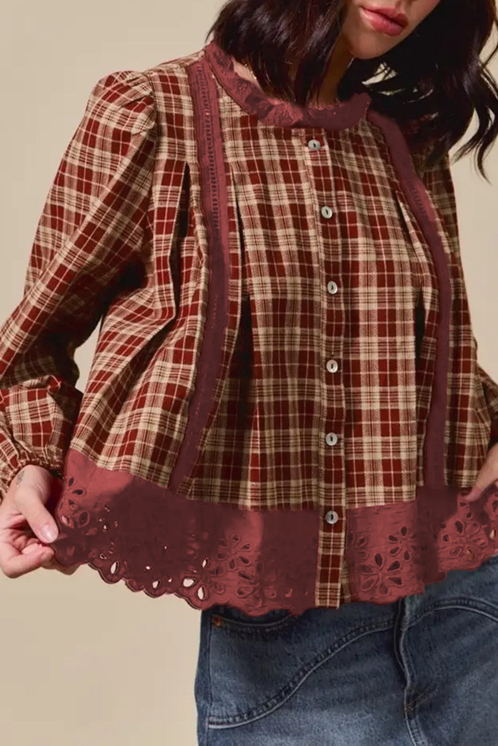 Red Dahlia Plaid Eyelet Lace Trim Button Down Shirt