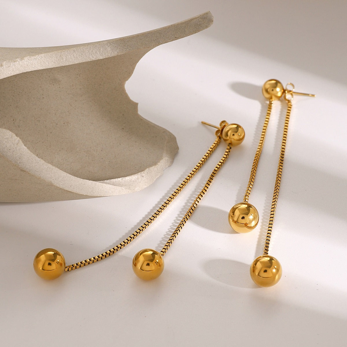 18K Gold Round Bead Tassel Drop Earrings, Lightweight Luxury