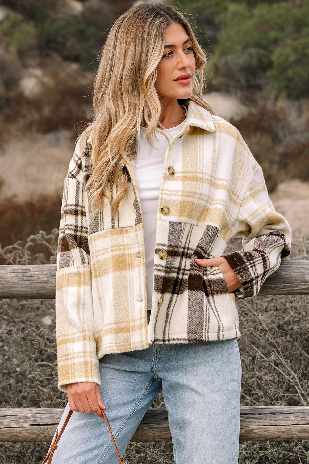 Women's Cream and Tan Plaid Patchwork Button Down Shacket - Image 5