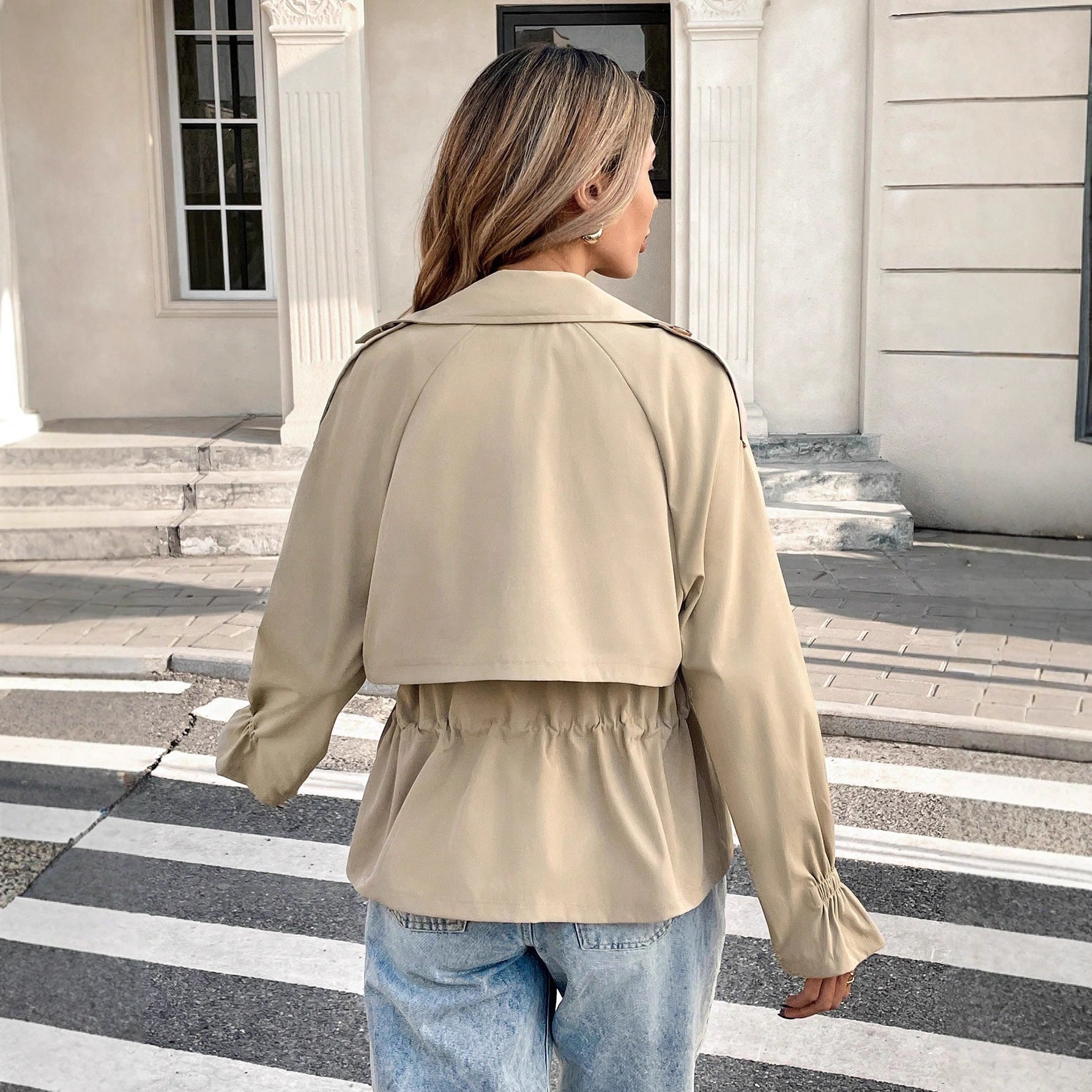 Women's Khaki Drawstring Waist Utility Coat Lightweight Jacket - Image 2