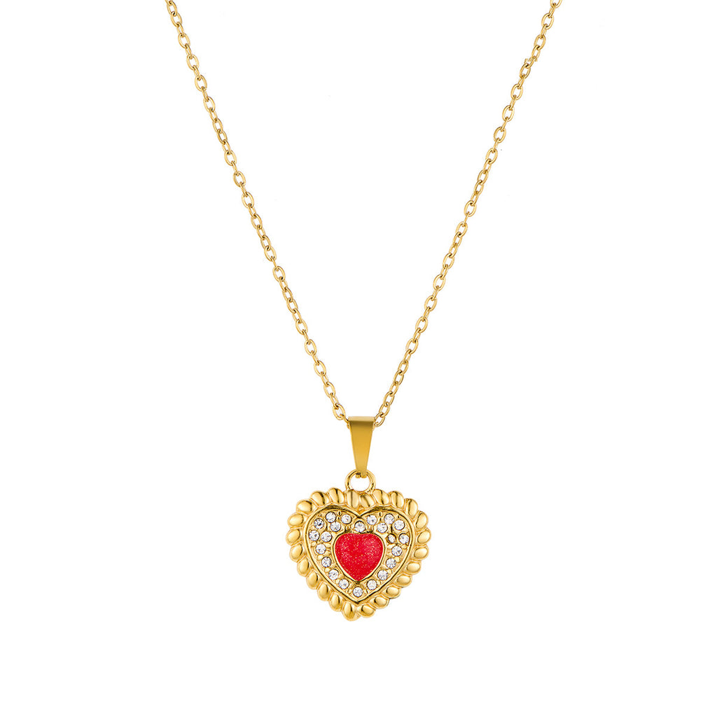 Heart-Shaped Rhinestone Pendant Necklace in Stainless Steel