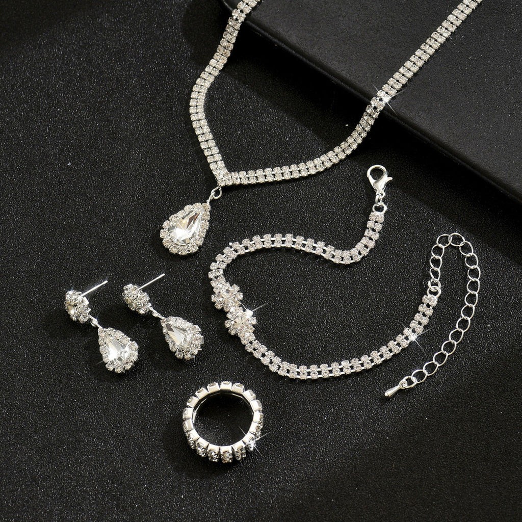 Women 4 Pcs Rhinestone Jewelry Set,Necklace Earrings Bracelet Ring,Elegant Bridal Costume Accessories For Wedding Party Occasion
