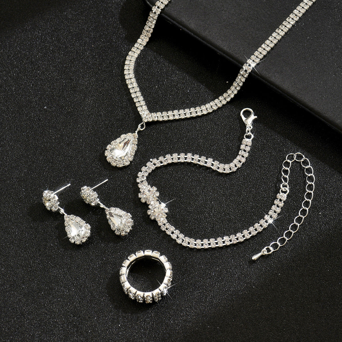 Women 4 Pcs Rhinestone Jewelry Set,Necklace Earrings Bracelet Ring,Elegant Bridal Costume Accessories For Wedding Party Occasion