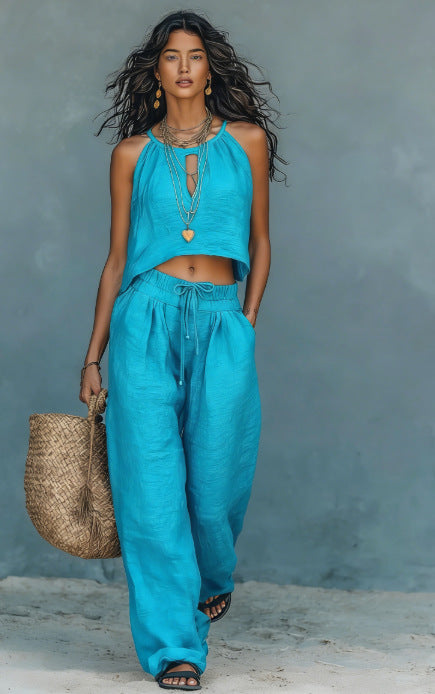 Women's Sleeveless Crop Tank and Wide-Leg Pants Linen Blend Set