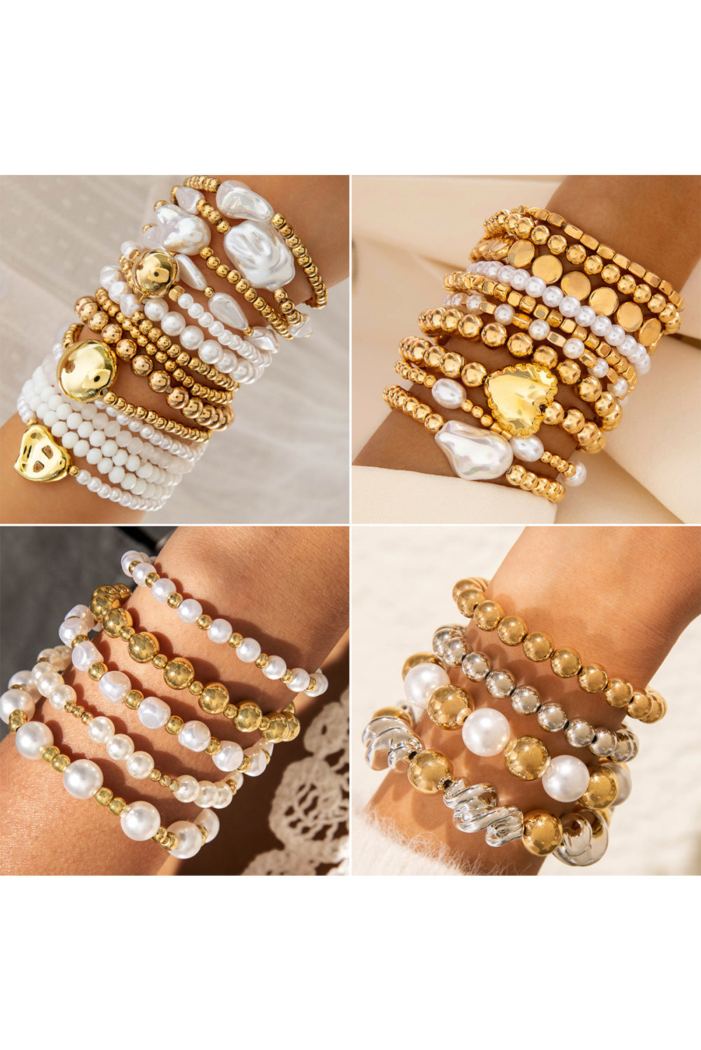 Gold Minimalist Style Heart & Pearl Beaded Bracelet Set