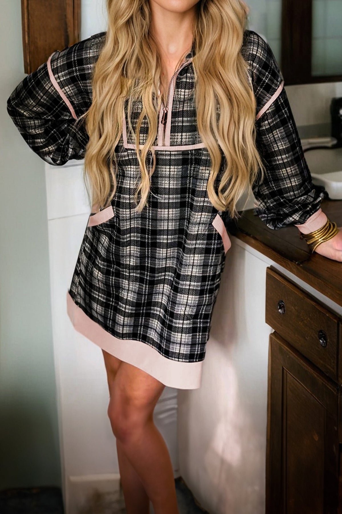Plaid Collared Zip-Up Long Sleeve Mini Dress