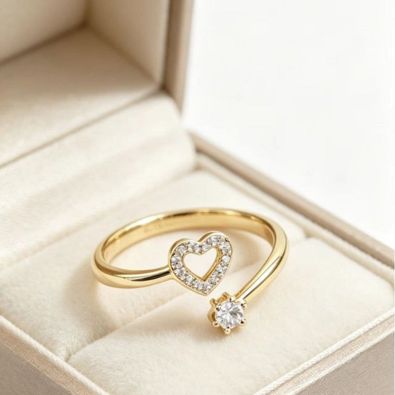 Minimalist gold open-heart adjustable ring for women with a clear center stone