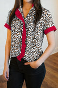 Leopard Contrast Frill V-Neck Trim Shirt