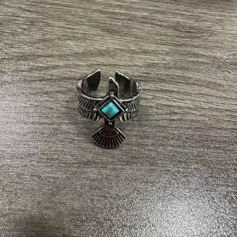 Creative Eagle Open Ring Inlaid With Turquoise