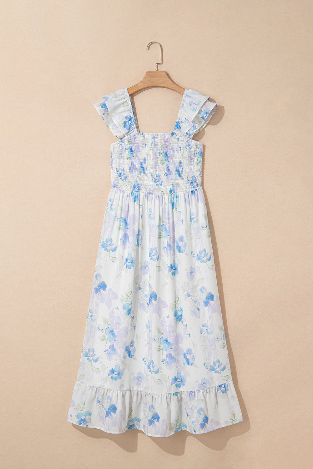 Sky Blue Floral Smocked High Waist Maxi Dress | Sleeveless