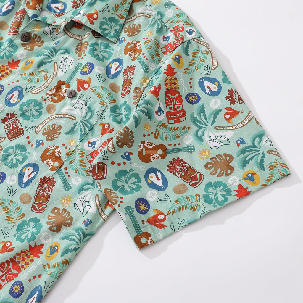 Men's TIKI Fiesta Print 100% Cotton Camp Collar Hawaiian Shirt