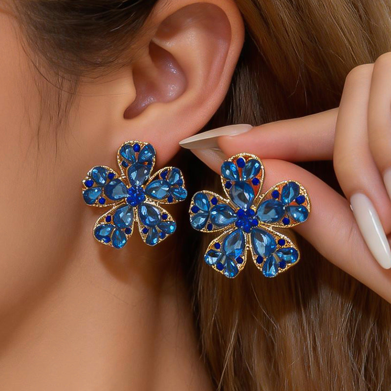 Womens Exaggerated Large Flower Rhinestone Stud Earrings,Heavy Craft Style Light Luxury Party Fashion Earrings