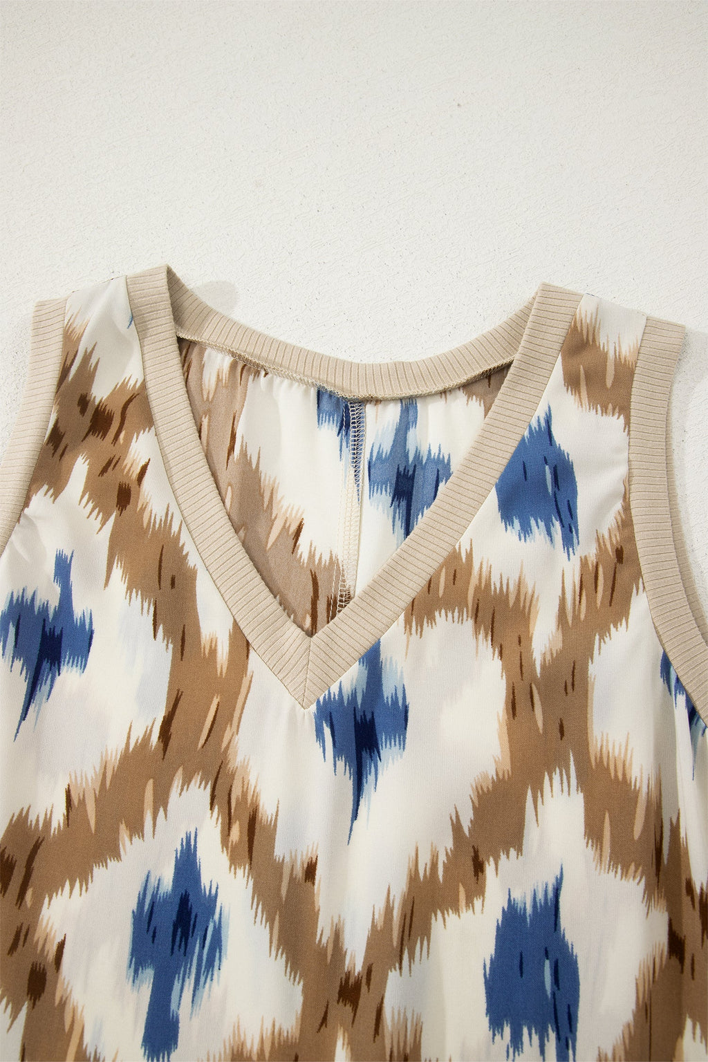 Boho Abstract V-Neck Sleeveless Maxi Dress in White, Tan, and Blue