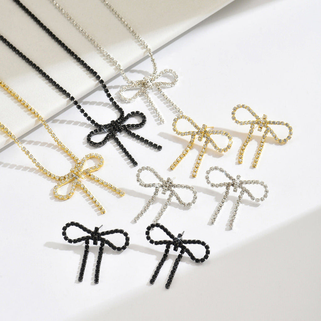 Versatile Bridal Jewelry Claw Chain Full Diamond Bowknot Necklace Earrings Accessories Women's Trendy Banquet Cross-Border Supply