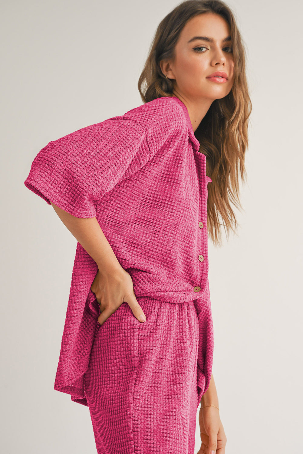 Rose Red Textured Buttoned Shirt & Pants Set