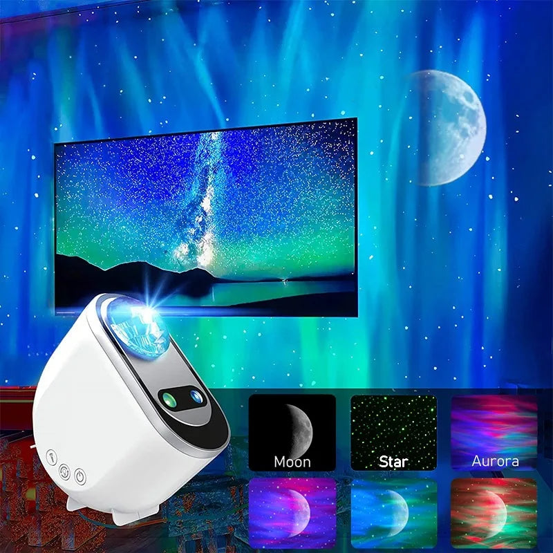 A sleek modern Aurora Borealis galaxy projector casting colorful northern lights and stars on a bedroom wall.