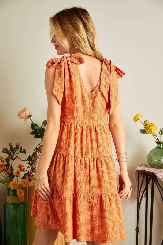 Orange V-Neck Tie Shoulder Summer Dress for Women