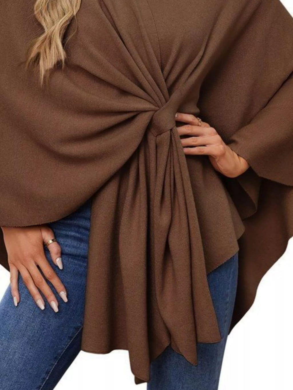 Solid Color Tie-Front Knit Cape Top