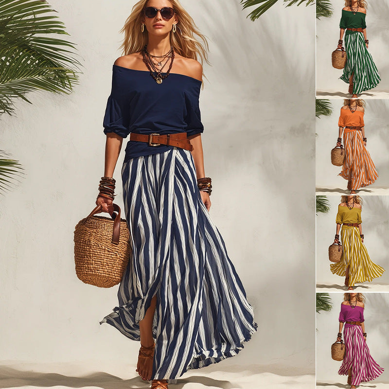 Women Off-Shoulder Top and Striped Slit Maxi Skirt Set