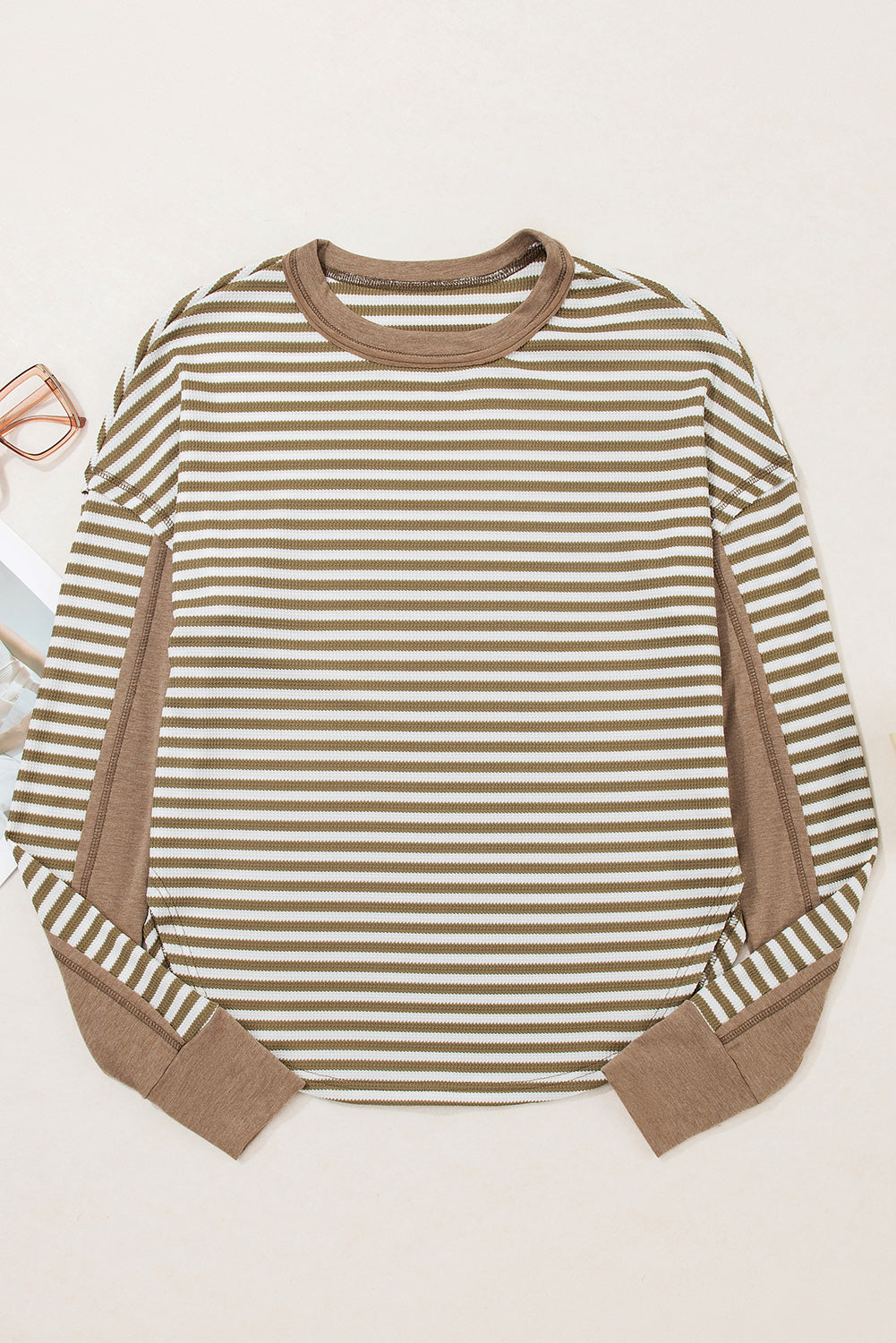 Khaki Stripe Thermal Knit Drop Shoulder Casual Top