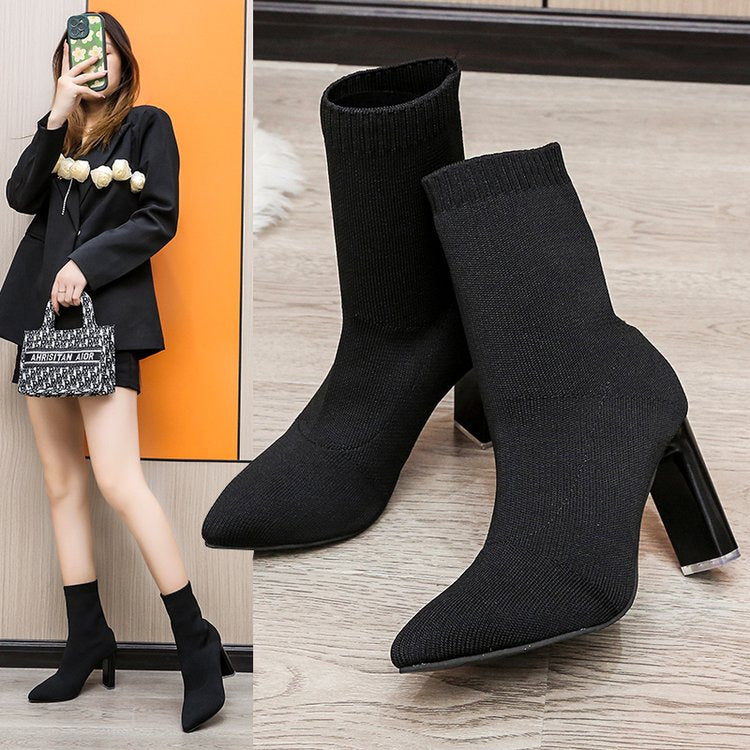 Women’s Chunky-Heeled Knitted Ankle Boots Pointed Toe