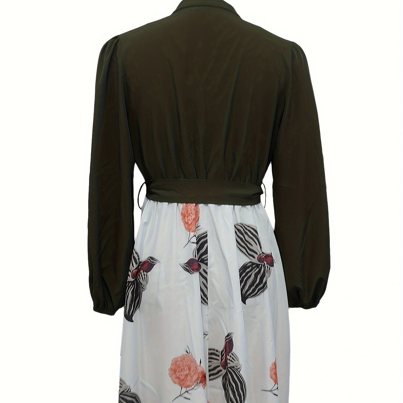 Floral Print V-Neck Midi Dress with Waist Belt in Green