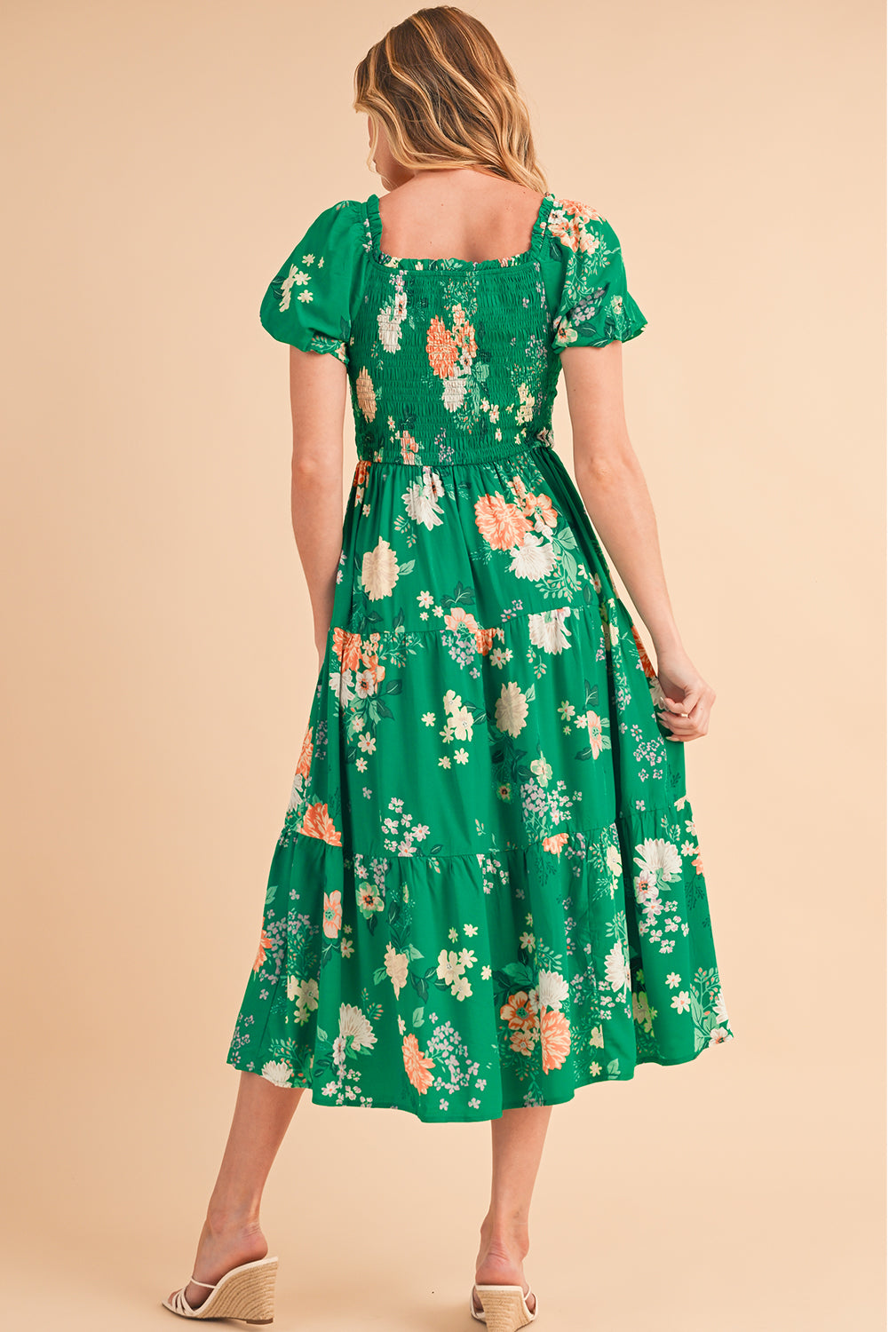 Green Floral Bubble Sleeve Smocked Midi Dress | Viscose