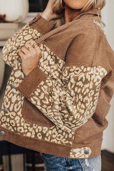 Women's Leopard Print Drop Shoulder Jacket in Brown and Beige