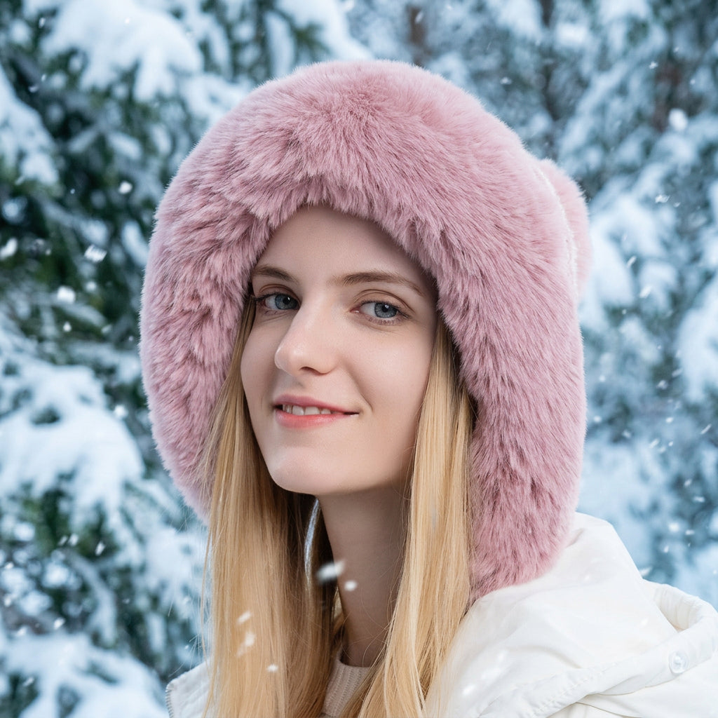 Triple Pom-Pom Fleece Knit Hat with Ear Straps
