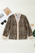 Leopard Contrast Stripe Buttoned V-Neck Shirt