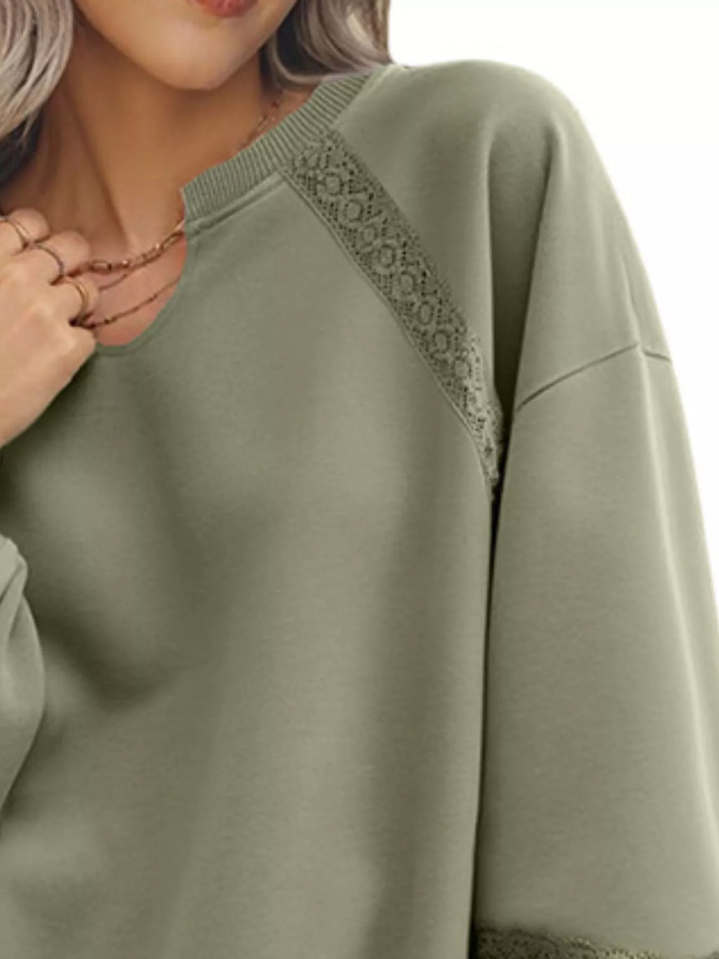 Lace Detail Notched Long Sleeve Sweatshirt