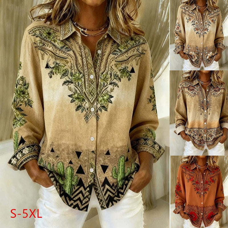 A woman wearing a tan long-sleeve button-down shirt with a southwestern cactus and floral pattern.
