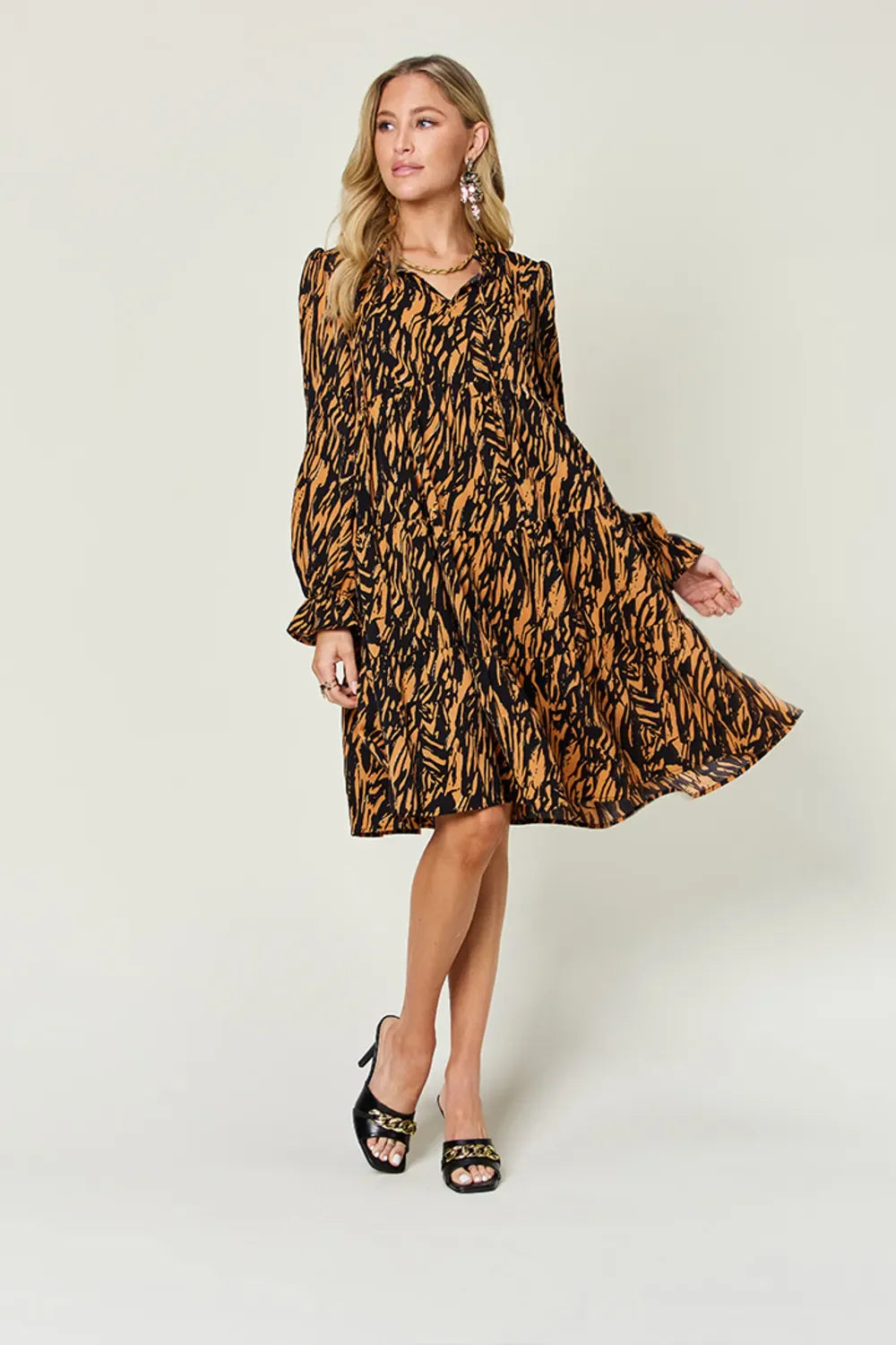 Printed Ruffle Hem Long Sleeve Mini Dress | V-Neck A-Line