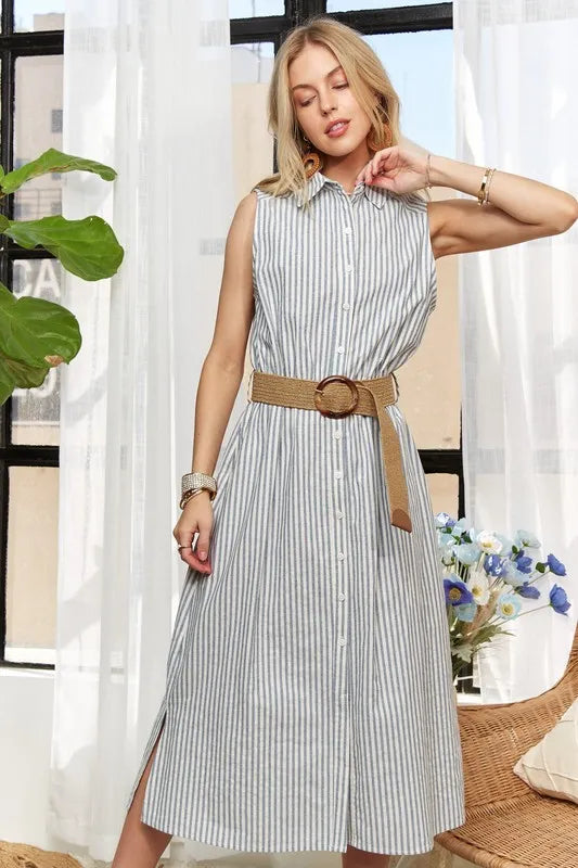 Striped Button Down Sleeveless Midi Dress
