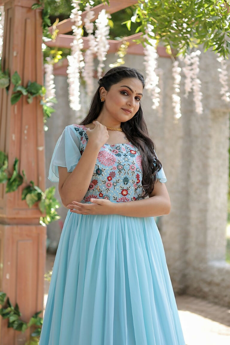Women's Sky Blue Sequins Embroidered Faux Georgette Anarkali Dress