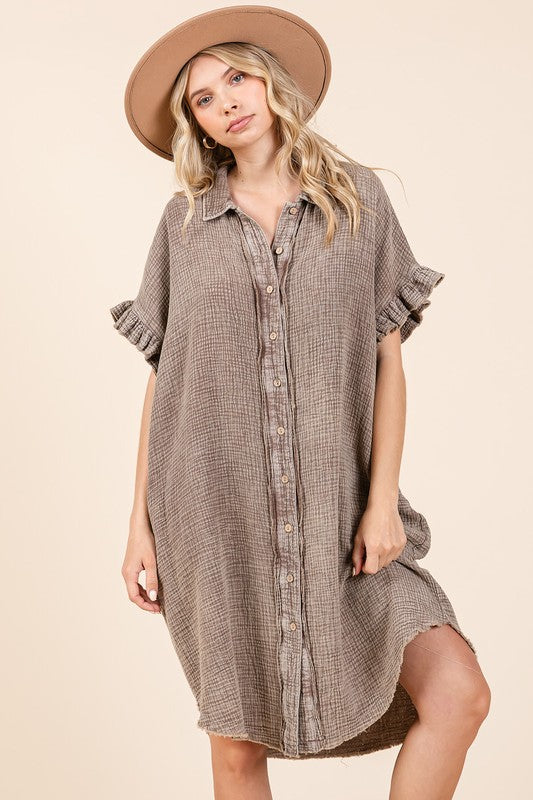Mineral Wash Cotton Gauze Shirt Dress - Casual Ruffle Sleeve