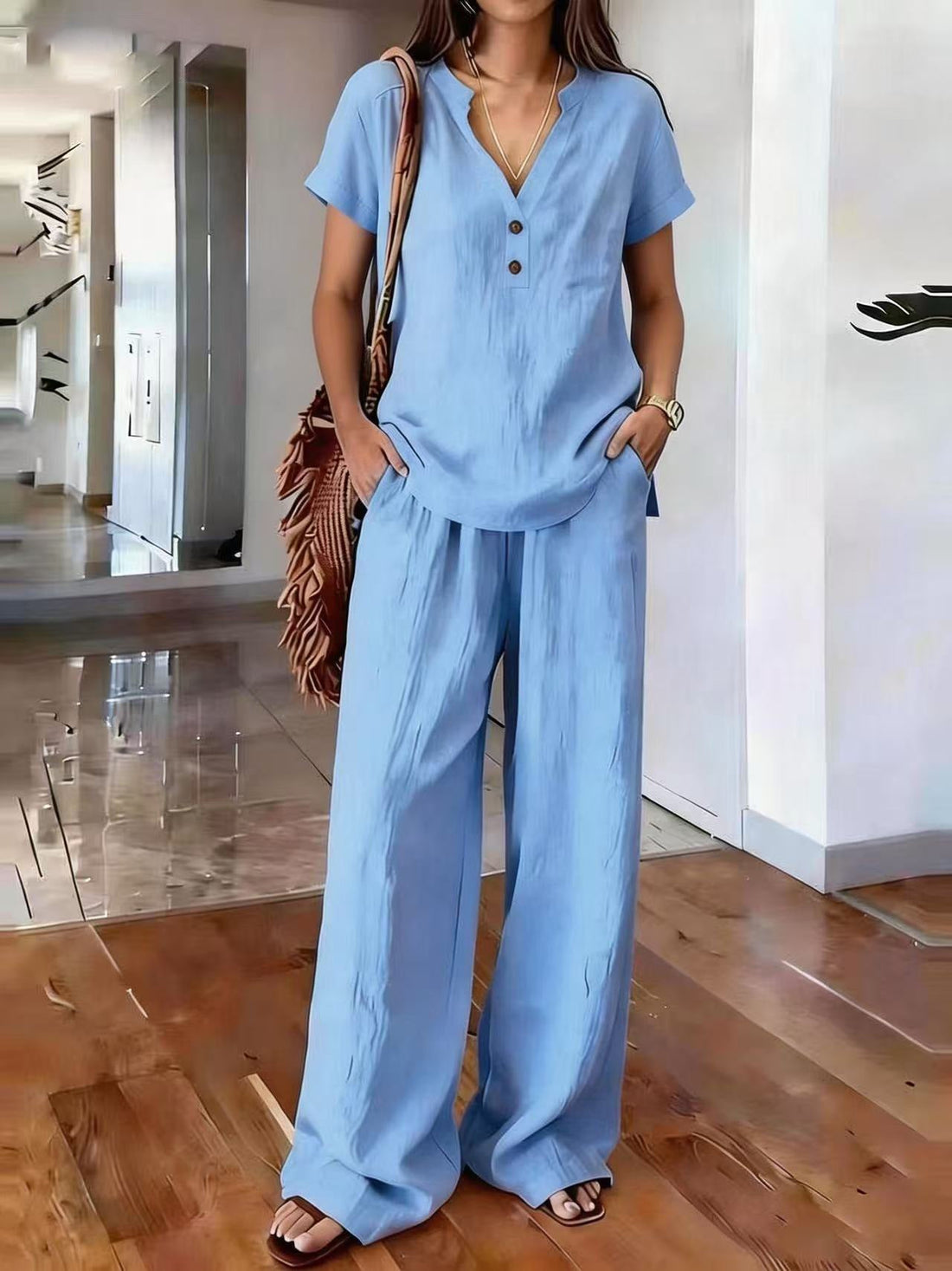 Women’s Casual Solid Color Two Piece Set Relaxed Matching Outfit - Image 5
