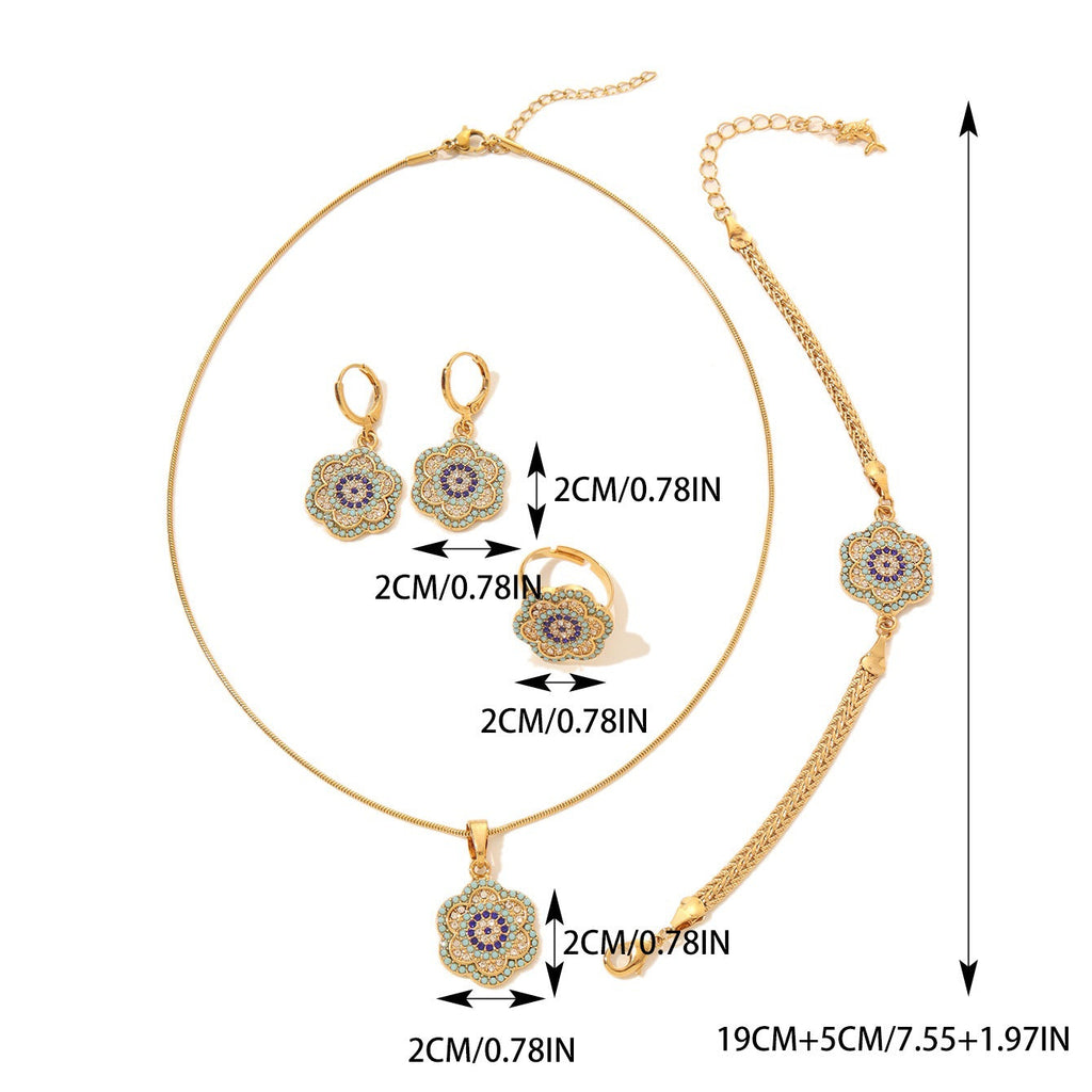 Turkish Evil Eye Flower Jewelry Set with Gold-Tone Enamel Accents