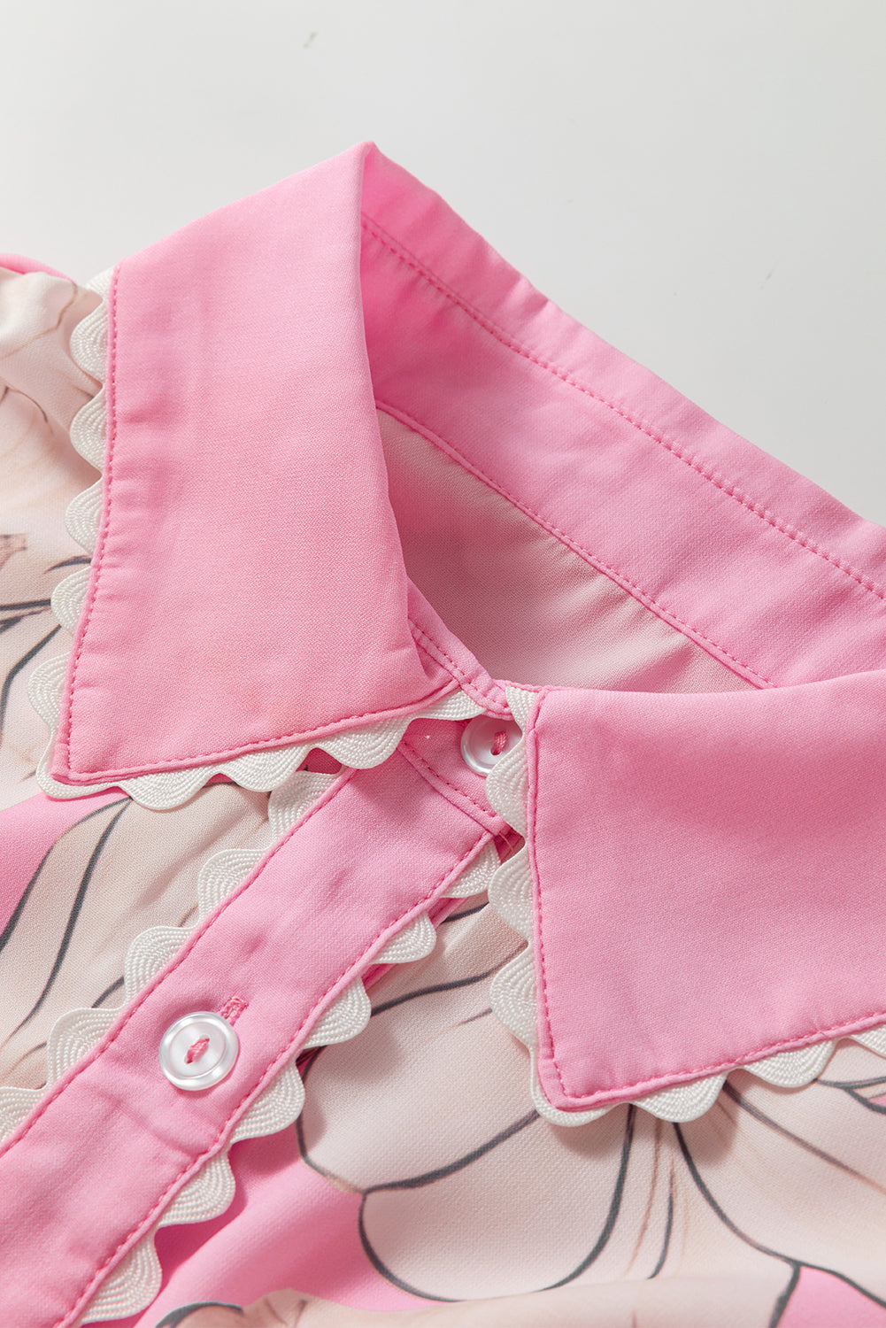 Floral Ric-Rac Edge Puff Sleeve Button-Up Shirt