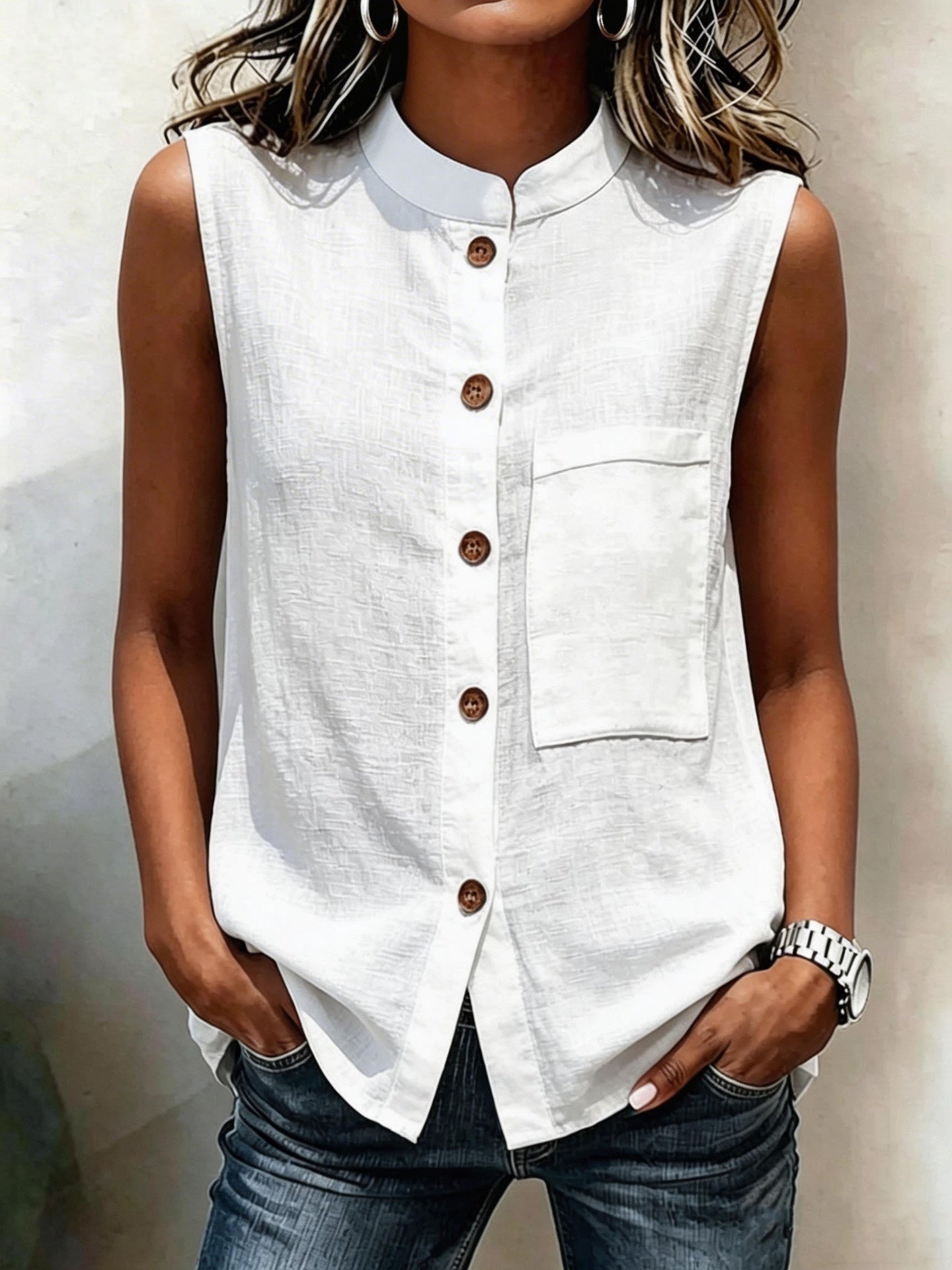 Women's Sleeveless Button-Down Blouse with Chest Pocket - Image 9