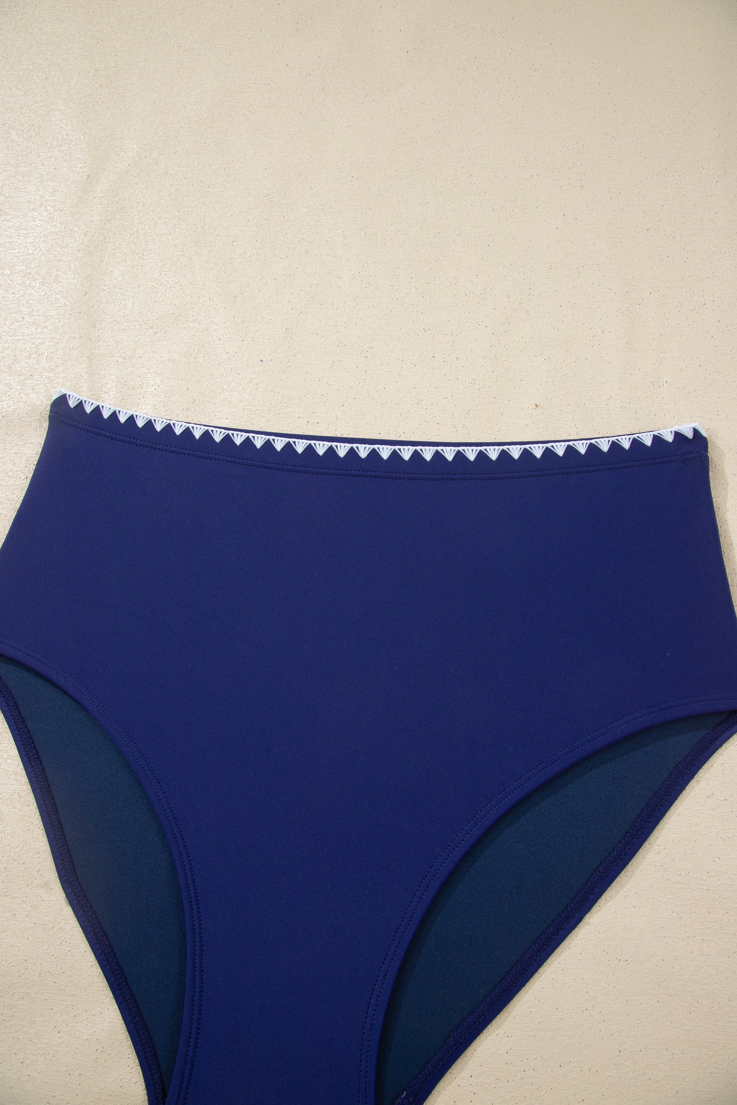 Shell Stitch Trim High Waist Bikini Set in Blue and White